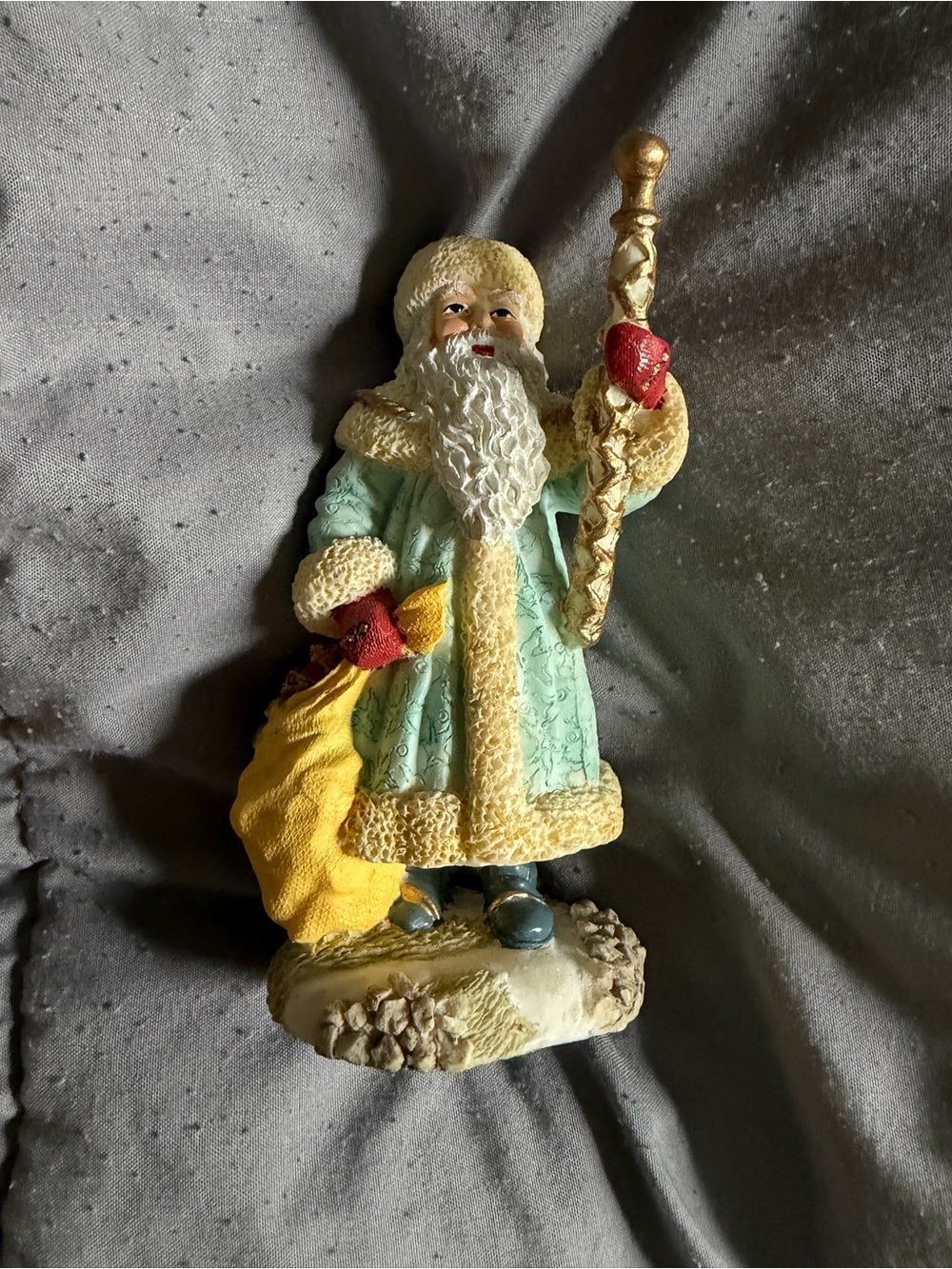 Holiday Figurine Santa in Light Blue Coat with Gold Staff